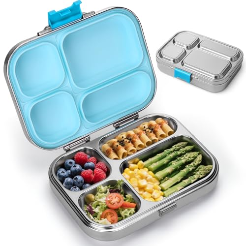 Palksky Stainless Steel Lunch Box for Kids, Leak-Proof Bento Box for Adults, 4 Compartment Food Storage Containers with Stainless Steel Lid for School, Office, Travel