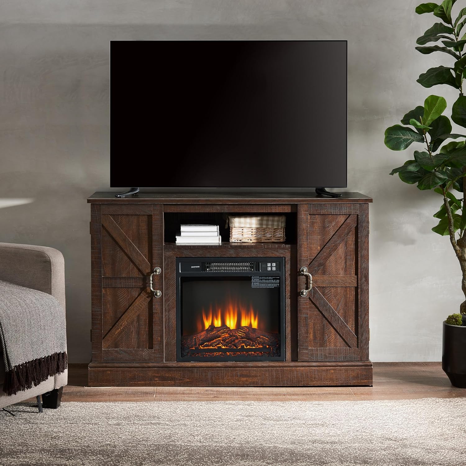 Electric Fireplace Entertainment Center for 50“ TV Home use amerlife Fireplace tv Stand, Cable Management Farmhouse tv Stand with Fireplace Safe Warm Electric fire Place