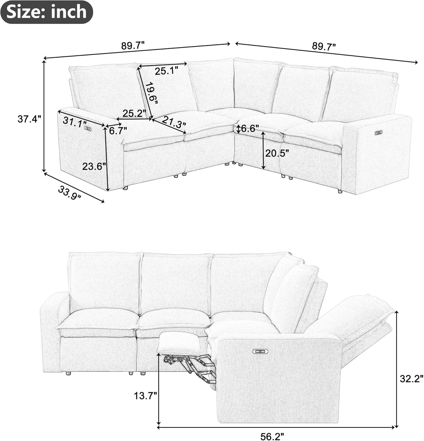 89'' Modular Sectional Sofa Couch, Convertible L Shaped Sofa with Power Recliner Chair, Modern 5-Seater Corner Sofa with USB Port, Seating Soft Chair Couch for Living Room, Home Office, Theater
