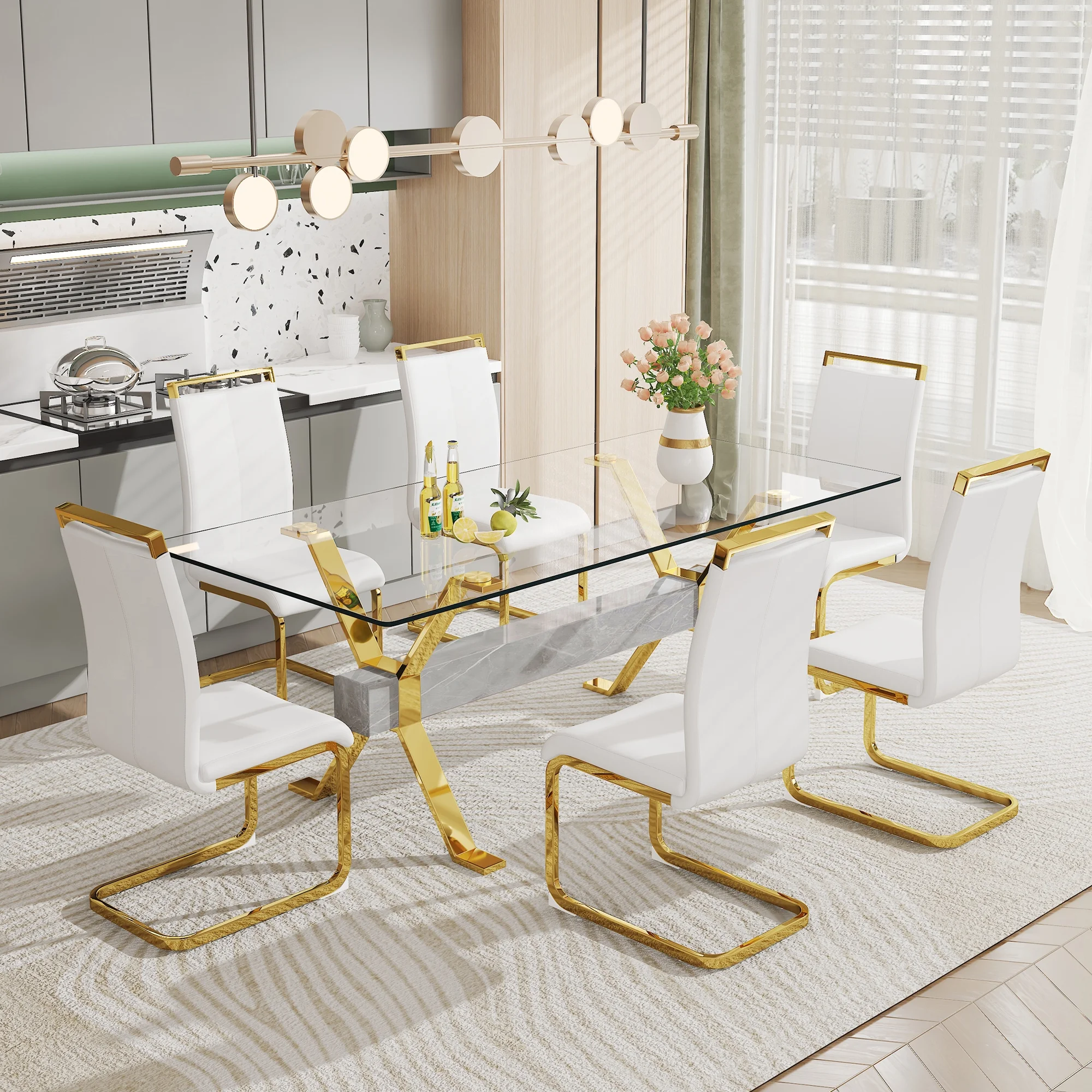 1 table and 6 chairs. Modern, simple and luxurious tempered glass rectangular dining table and desk with 6 white PU gold plated leg chairs 79''x39''x30''