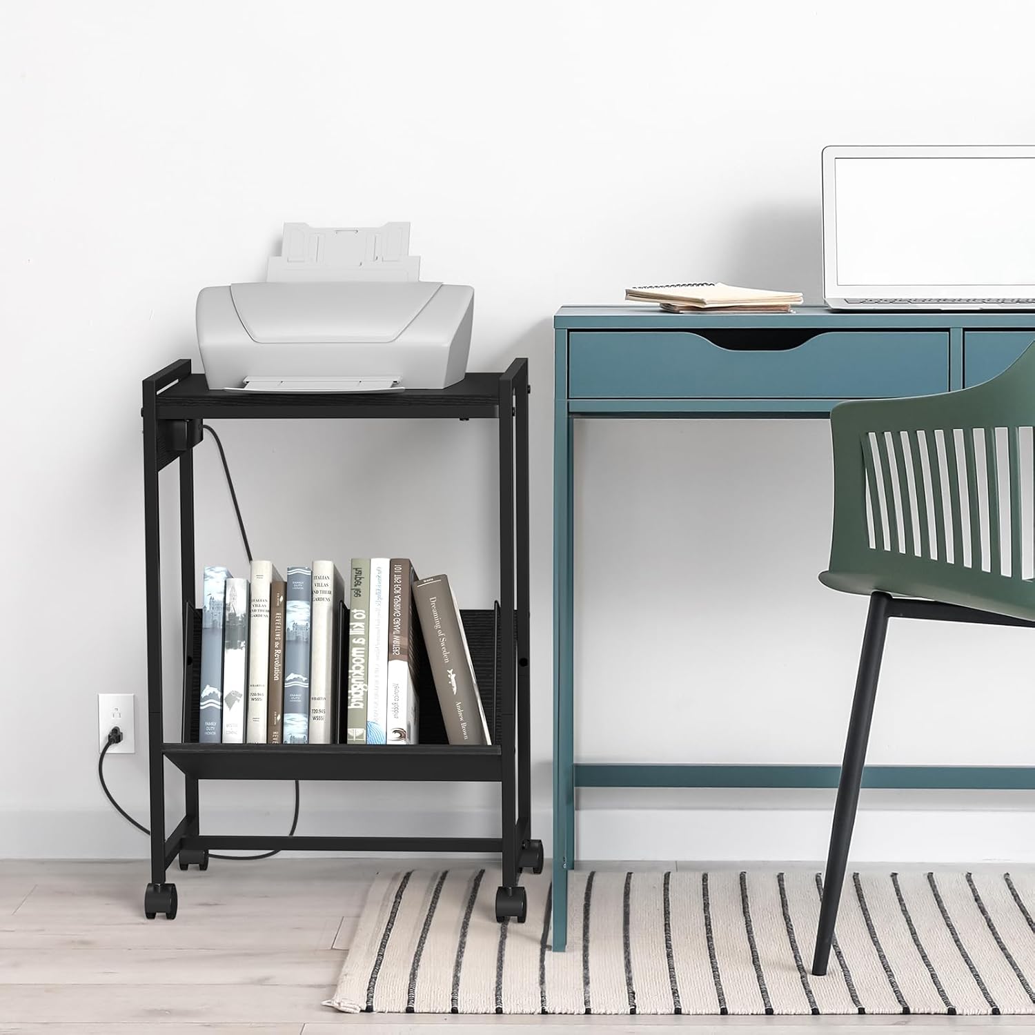 NOVIMANGO Black Record Player Table, Vinly Turntable Stand, Vinyl Record Player Stand End Table with Charging Station Bedroom Nightstand 2 Tier Records Player Holder for Living Room Office