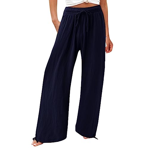 Linen Pants Women Comfy Flowy Wide Leg Pants Trousers Summer High Waisted Beach Palazzo Pants with Pockets 2024