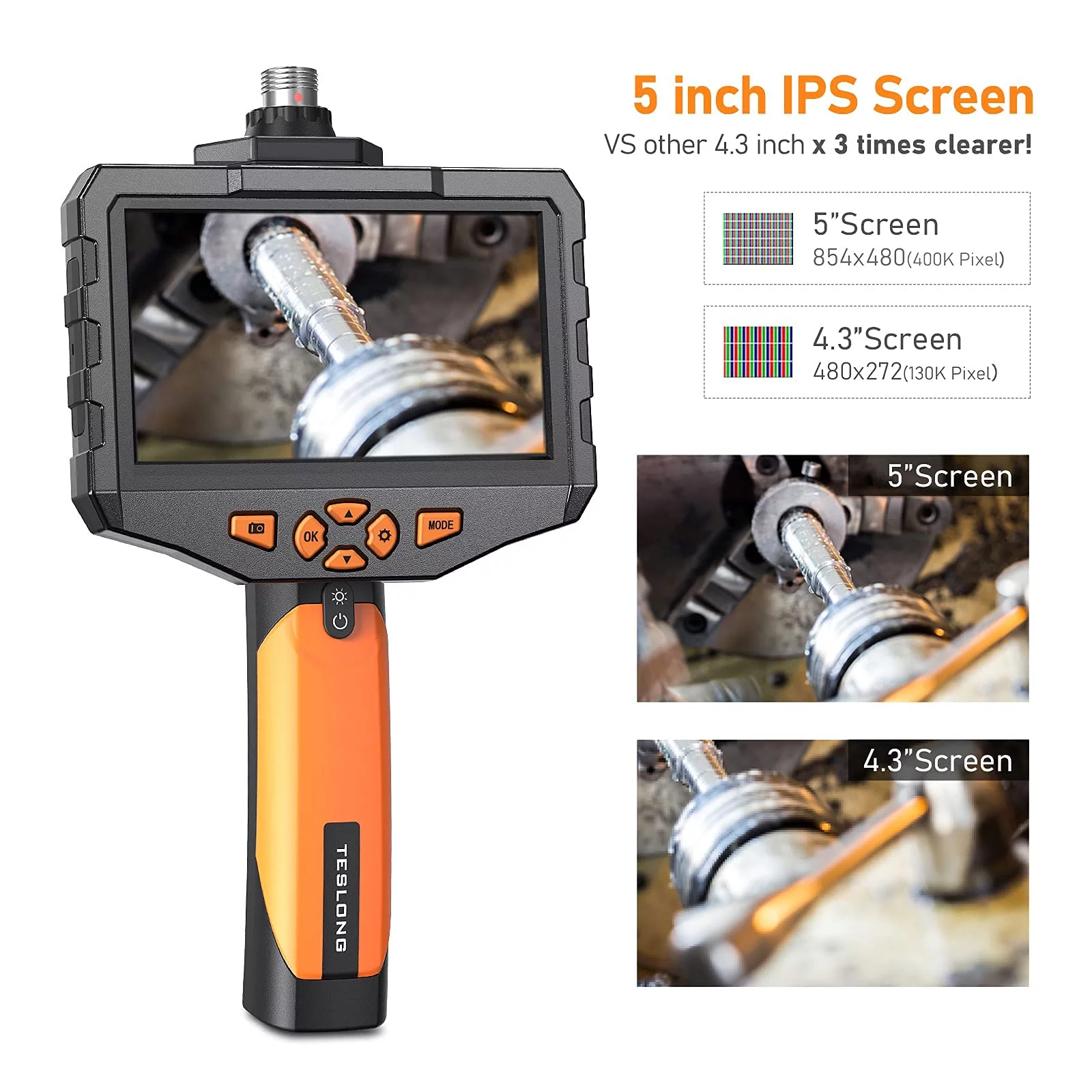 Teslong Industrial Endoscope with Light, 8mm 1080P HD Digital Borescope Inspection Camera 5 Inch LCD Screen IP67 Waterproof Snake Camera with Semi-Rigid Cable, 32GB Card and Helpful Tool