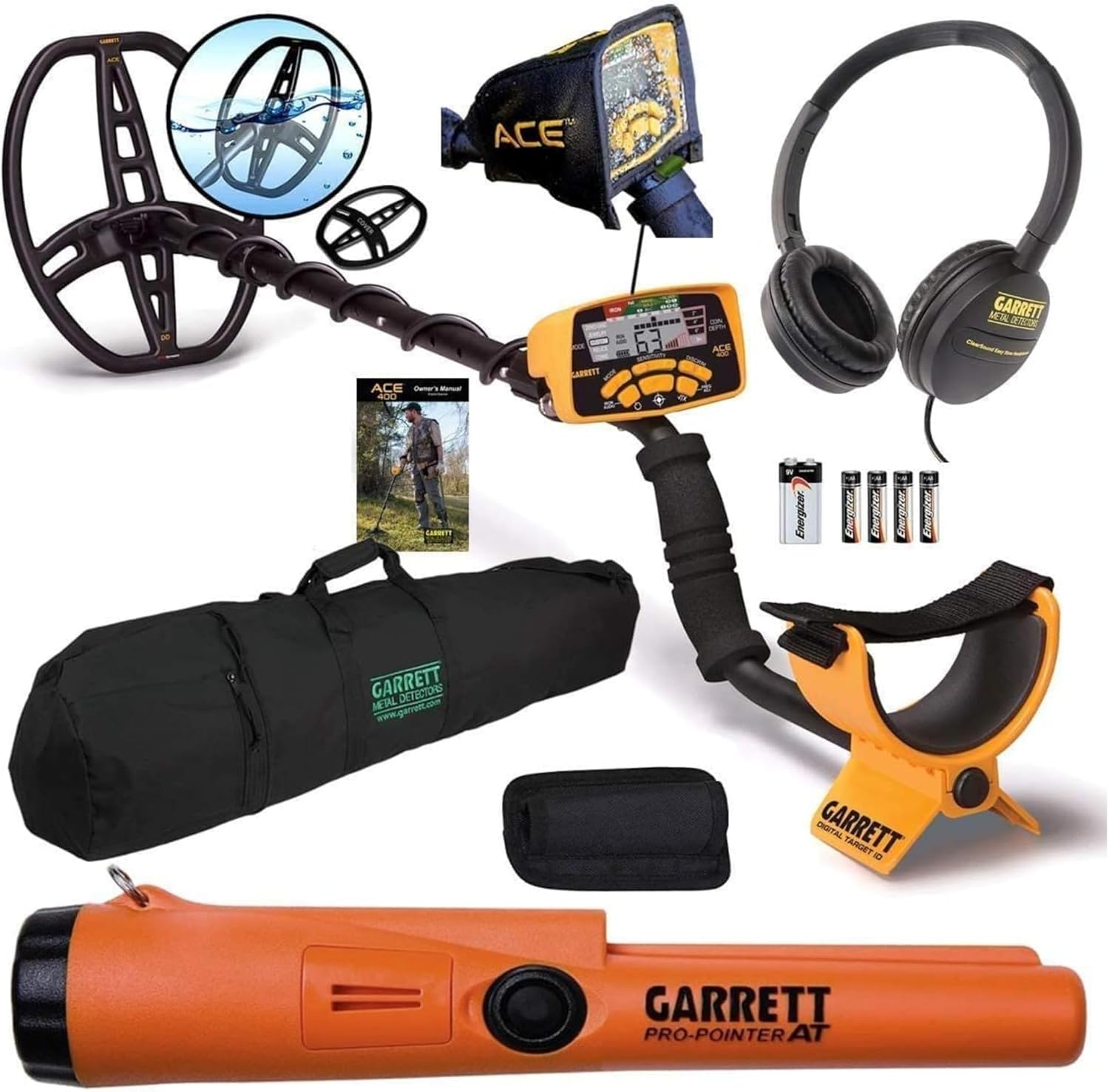 Garrett ACE 400 Metal Detector with Waterproof Coil Pro-Pointer at and Carry Bag