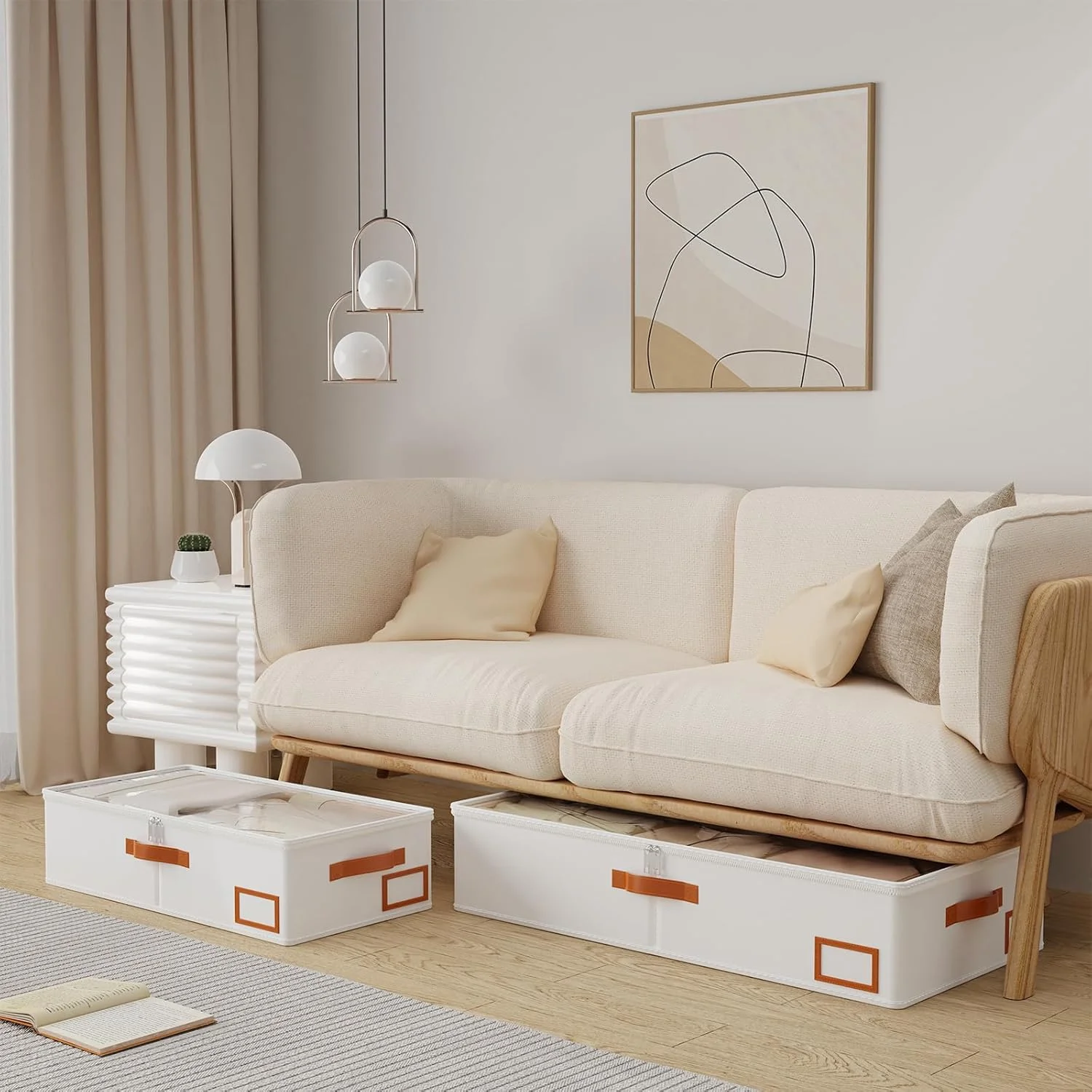 Under Bed Storage Containers, 4 Pack, Bin with Lids, Collapsible Closet Organizers, with Sorting Card Slot and 4 Leather Handles, for Blanket, Bedding, 31.5''Lx15.7''Wx6''H, Beige