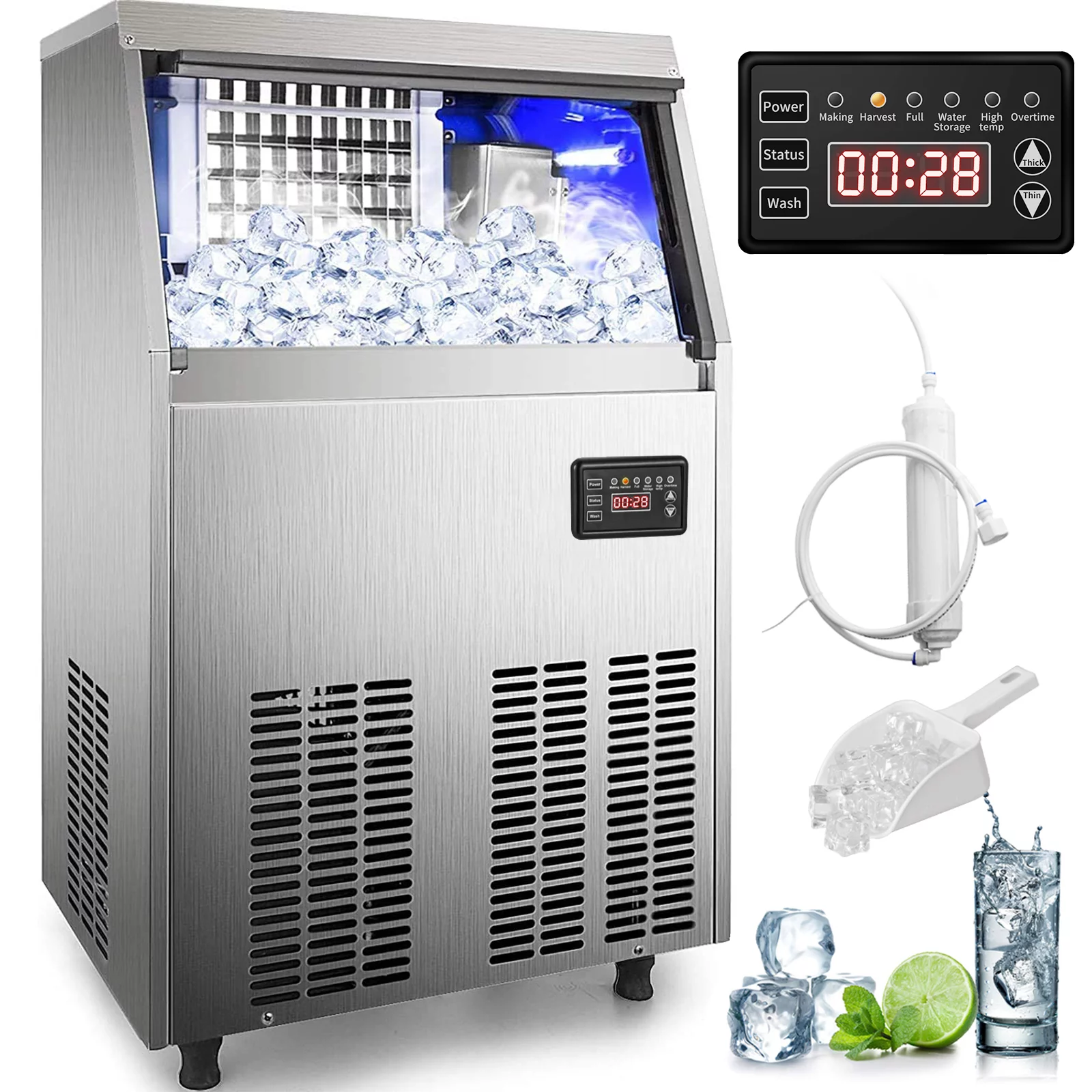 VEVORbrand 110V Commercial Ice Maker 110-120lbs/24H with 33LBS Bin, Full Heavy Duty Stainless Steel Construction, Automatic Operation, Clear Cube for Home Bar, Include Water Filter, Scoop