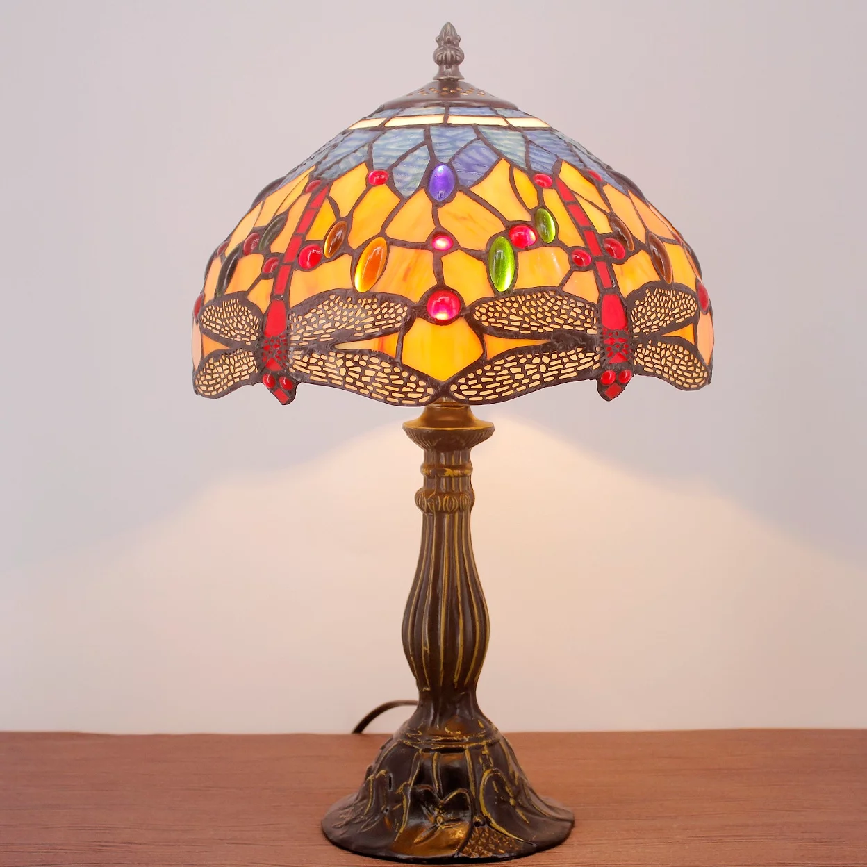 Tiffany Lamp Stained Glass Bedside Table Lamp Orange Blue Dragonfly Style Reading Desk Light 18