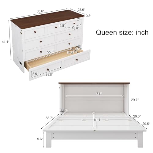 Merax Modern Farmhouse Solid Wood Murphy Bed Chest/Space Saving/Wood Slat Support/Queen,White+Walnut