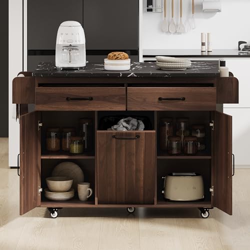 Wood Kitchen Island with Trash Can Storage Cabinet, Kitchen Cart with Drop Leaf, Spice Rack, Towel Rack and Drawer, Rolling Kitchen Island on Wheels with Adjustable Shelf (Walnut Brown-K6)