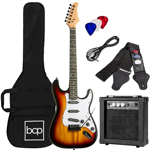 Best Choice Products 39in Full Size Beginner Electric Guitar Starter Kit w/Case, Strap, 10W Amp, Strings, Pick, Tremolo Bar - Natural