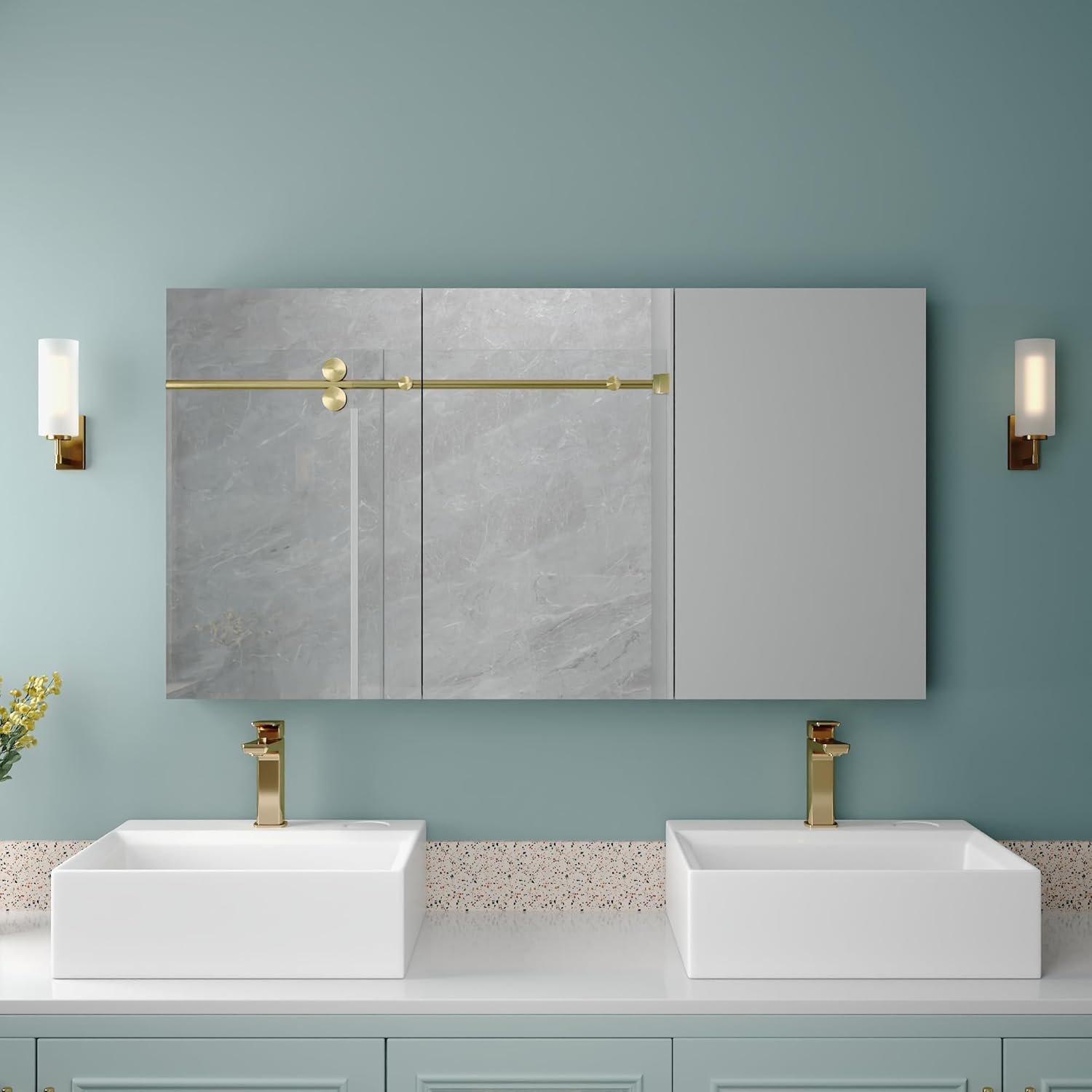 48 inch Medicine Cabinet with Mirror, DeerValley Aluminum 3 Door Mirrored Medicine Cabinet, Frameless Modern Wall Mount Mirrored Medicine Cabinets with 3 Doors and 2 Adjustable Shelves