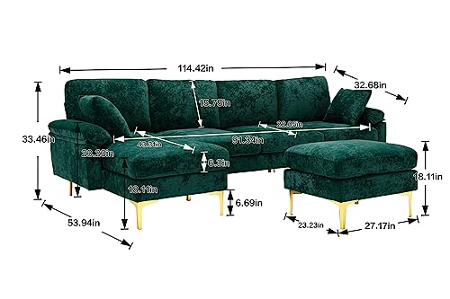 U-Shaped Sectional Sofa Couch, 114 Inches Modern Fabric Upholstered Accent Sofa with Chaise Lounge, Ottoman and 2 Pillows, Convertible Modular Large Sofa Couch for Living Room, Purple