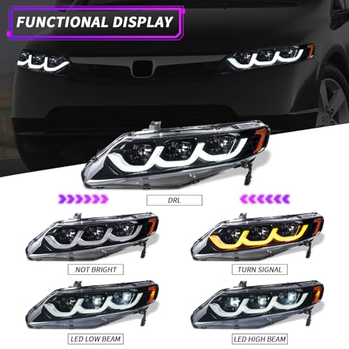 Full LED Headlights for Honda Civic Sedan 2006-2011, 3 Projector Head Lamp Assemblies for 8th gen Civic Sedan, Head Light with Sequential turn signal, Plug&Play, Pair