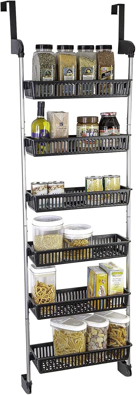 Smart Design Over The Door Pantry Organizer Rack w/ 6 Baskets - Steel & Resin Construction w/ Hooks - Hanging - Cans, Spice, Storage, Closet - Kitchen (18.5 x 63.2 Inch) [White] Pack of 2