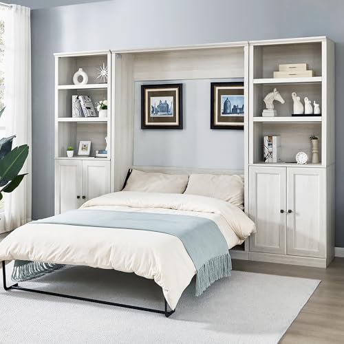 Full Size Murphy Bed with Storage Cabinet, Drawers and Shelves, Wood Vertical WallBed Foldable Platform Bedframe for Bedroom, Space Saving, White