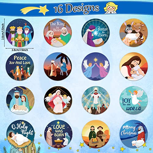 800 Pcs Christmas Religious Stickers Christmas Nativity Stickers Jesus Sticker Christian Christmas Faith Roll Sticker Labels for Xmas Cards Envelopes Candy Favor Craft,16 Designs (Cartoon Style)