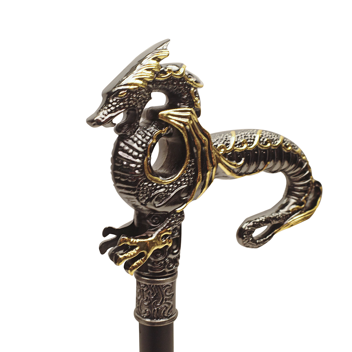 Winged Dragon Silver Gold Metal Cane 2pc Steel Shaft Men Women Walking Stick