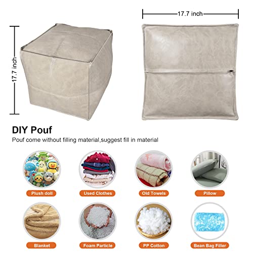 Pouf Ottoman, Unstuffed Pouf Cover, Handmade Faux PU Leather Moroccan, Orange Brown 17.7