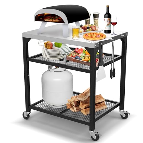 Outdoor Grill Table Cart Ninja Woodfire Outdoor Grill(OG700 Series),2024 Upgraded Thicken Double-Shelf Movable Pizza Oven Table, Stainless Kitchen Island, for Blackstone Griddle Stand Cart