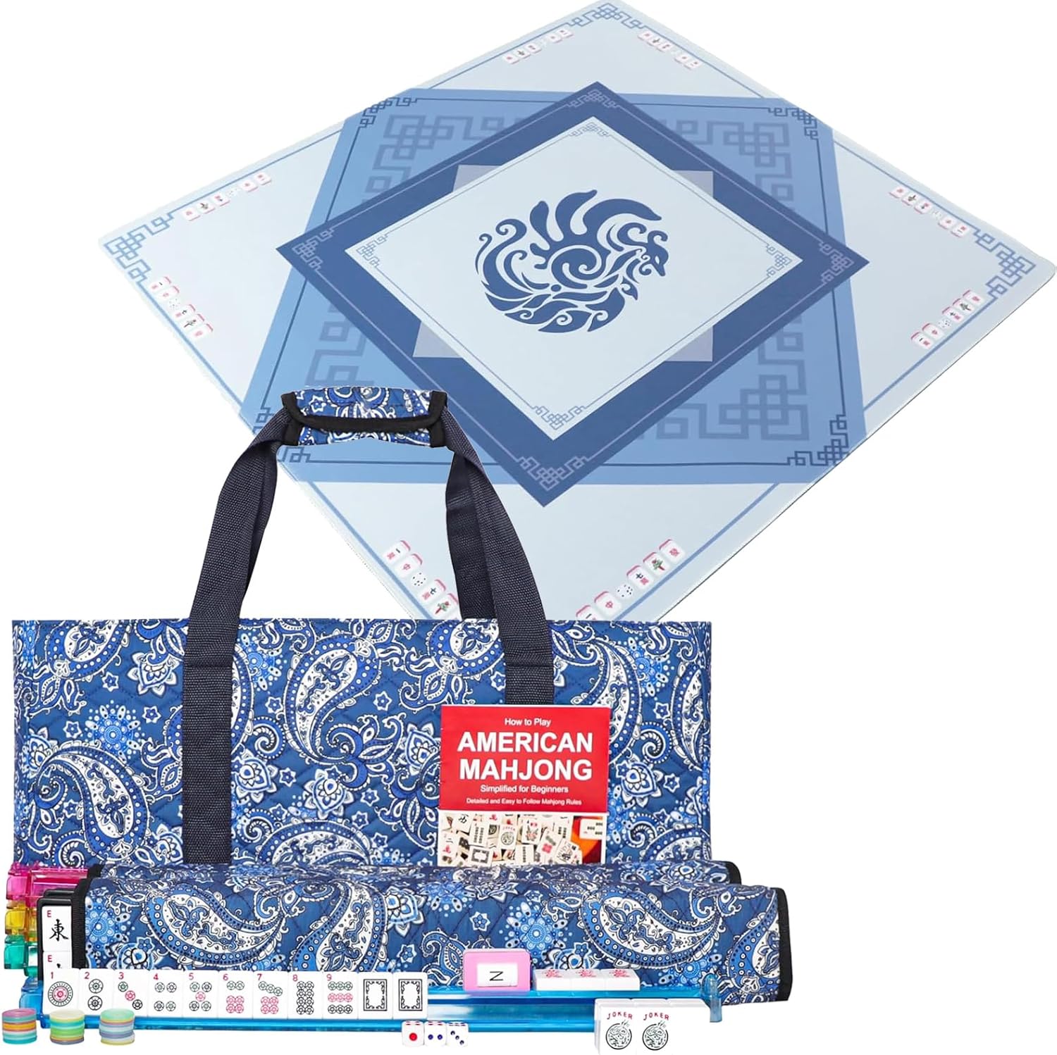 American Mahjong Game Set, 166 Quality White Tiles, 4 All-in-One Color Rack/Pushers, Mahongg Tile Set with Blue Printed Carrying Bag,Mahjong Mat with Black Carrying Bag (Blue,31.5 inches)