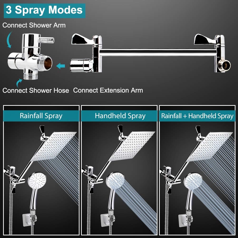 8'' High Pressure Rainfall Shower Head / Handheld Shower Combo with 11'' Extension Arm, Height/Angle Adjustable, Stainless Steel Bath Shower Head with Holder, 1.5M Hose, Chrome, 4 Hooks Pack of 2