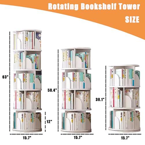 Rotating Bookshelf Tower,3/4/5 Tier Round Bookshelf Rotating Bookcase,Solid Wood Floor Standing Book Storage Rack,Spinning Bookshelf Tower for Bedroom Classroom Playroom(5 Tier, White)