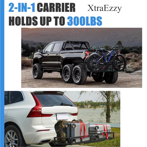 Hitch-Mount Bike Rack for Ebike Heavy-Duty - Comes with Cargo Carrier Fits 2 Electric Fat-Tire Mountain Bicycles Fits 2