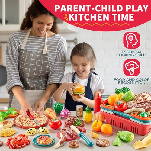 Play Food Sets for Kids Kitchen-80PC Pretend Food with 2 Kids Picnic Basket, Toy Food with Pizza Toy, Plastic Food Cutting Toys, Play Kitchen Accessories - Fake Food, Boys Girls Toddlers Gifts
