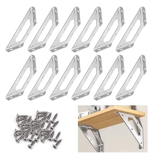 12PCS Universal Stainless Steel Furniture Corner Connector, Trapeziform Angle Bracket Corner Brace Furniture Triangle Support Frame with 72 Screws for Shelves Chair Drawer Cabinet