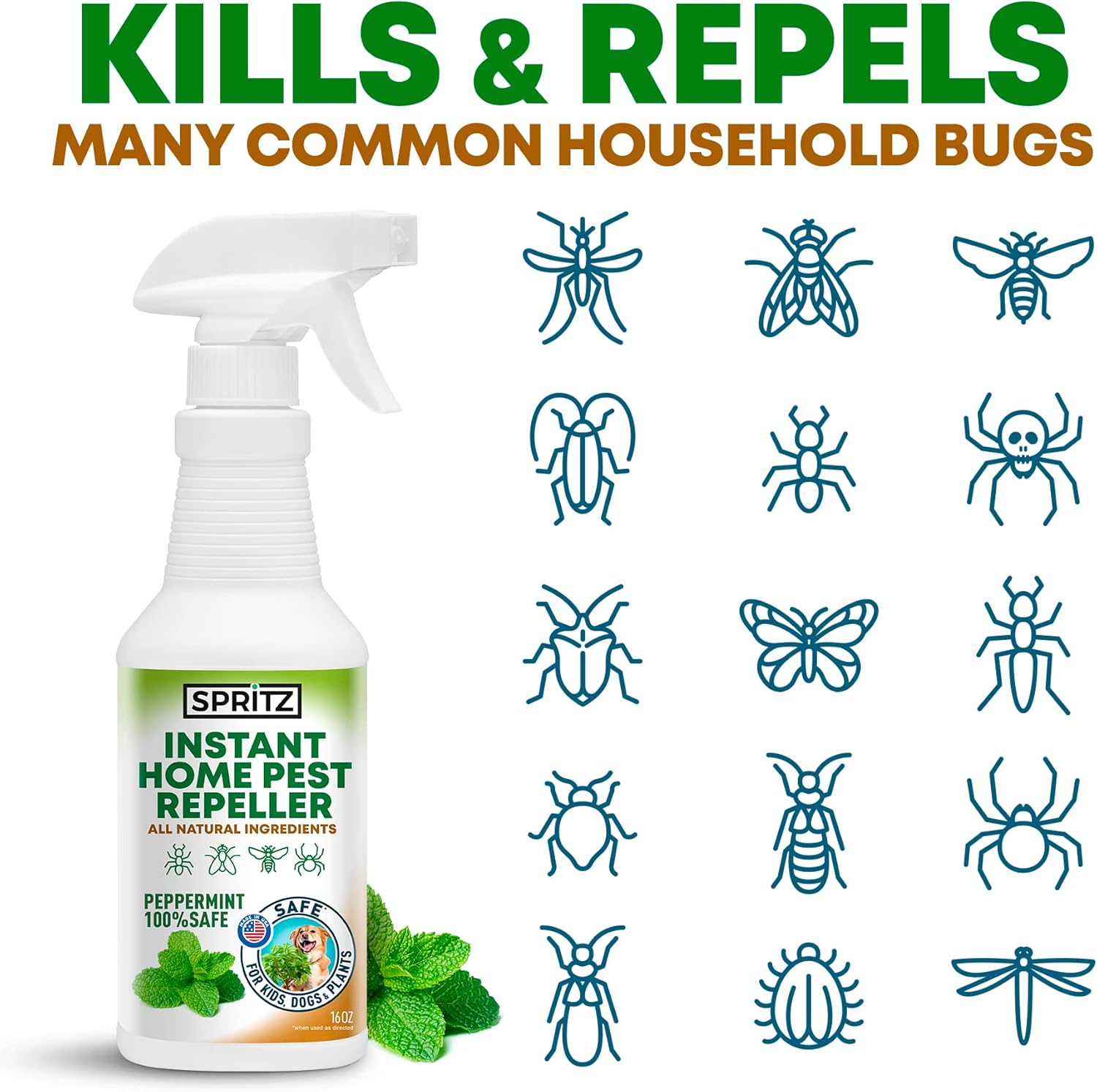 Peppermint Oil Bug Spray for Home, Indoor Insect and Pest Repellent - Safe for Pets and Kids - Naturally Made with Essential Oils – 1, 16 OZ Bottle