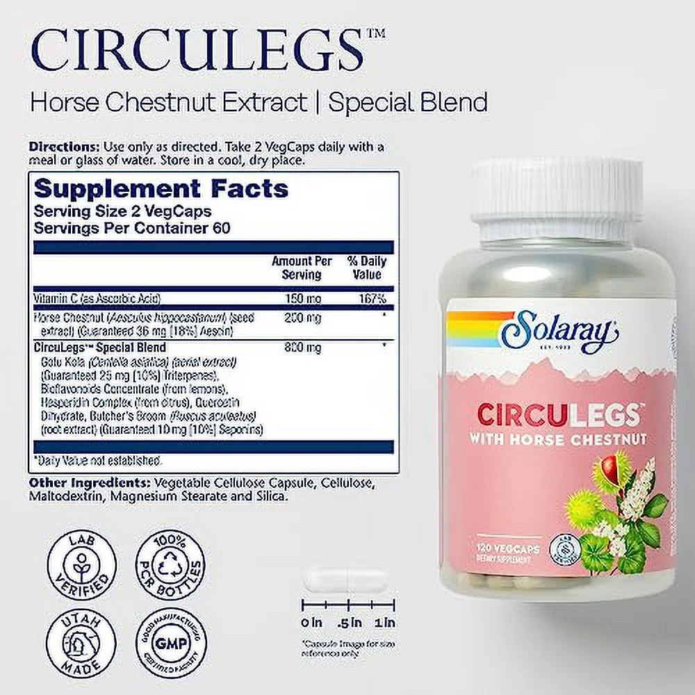 SOLARAY CircuLegs with Horse Chestnut Extract, Gotu Kola, Butcher's Broom, and More, Circulation and Vein Support for Healthy Legs, 60-Day Guarantee, Lab Verified (60 Serv, 120 VegCaps)