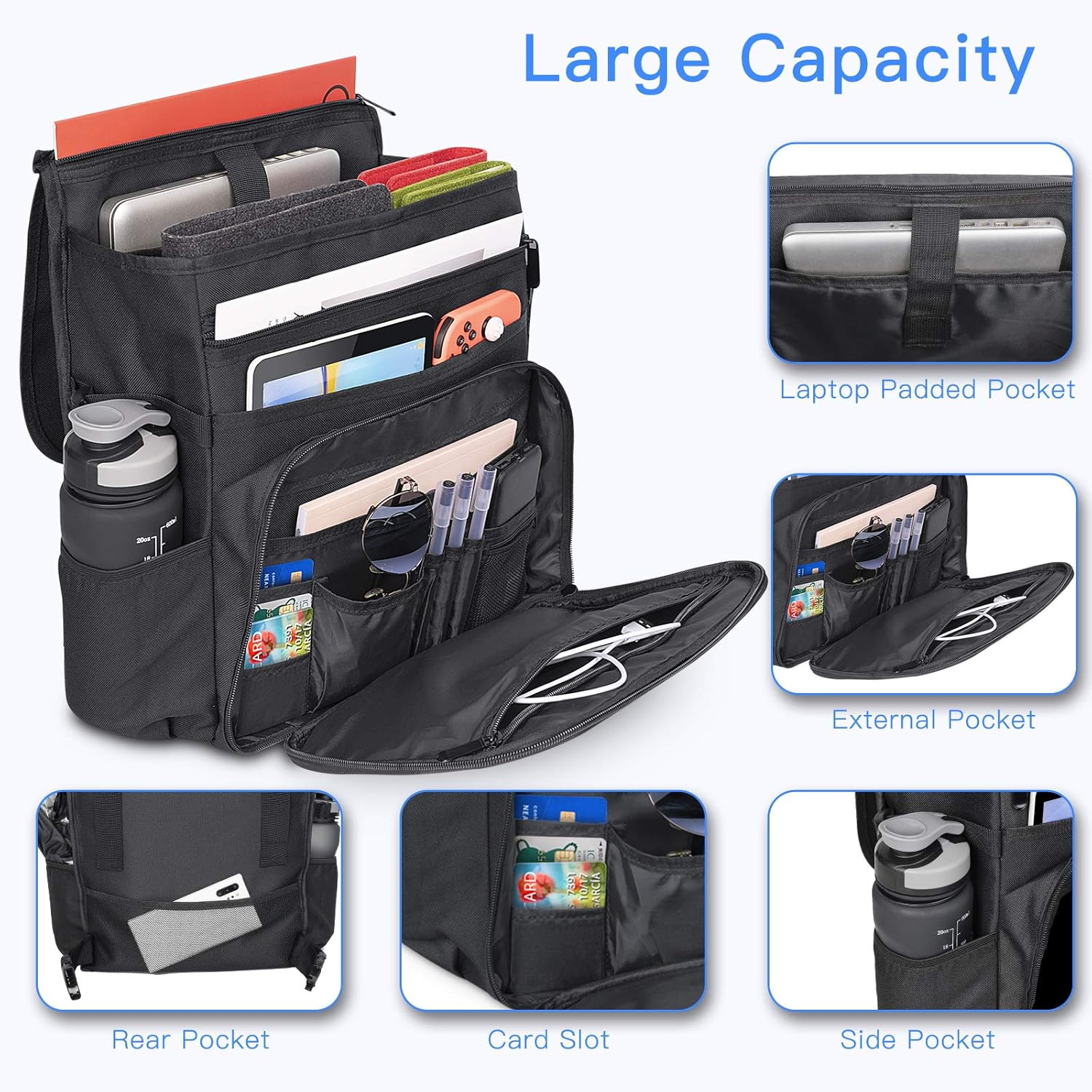 Car Front Seat Organizer Car Office Passenger Seat Organizer Bag,Carry as Backpack or Shoulder Bag,with 3 Adjustable Straps,Fits Any Car/Truck,Storage for Laptop/Office Supplies & More,Black