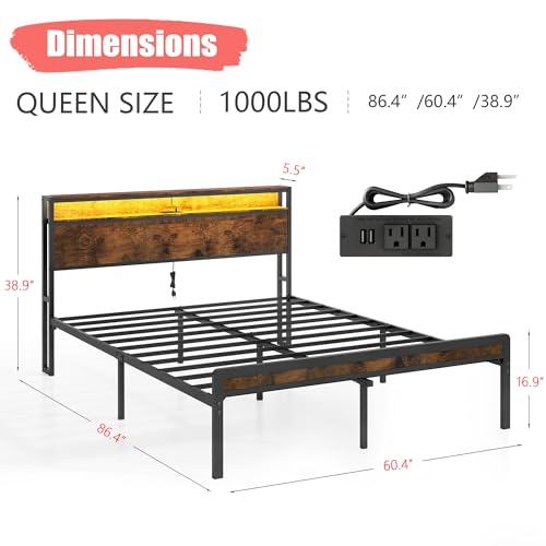 Full Size Bed Frame with LED Light and Charging Station, 2 Tier Storage Headboard, Heavy Duty Metal Slats, No Box Spring Needed, Easy Assembly, Vintage Brown