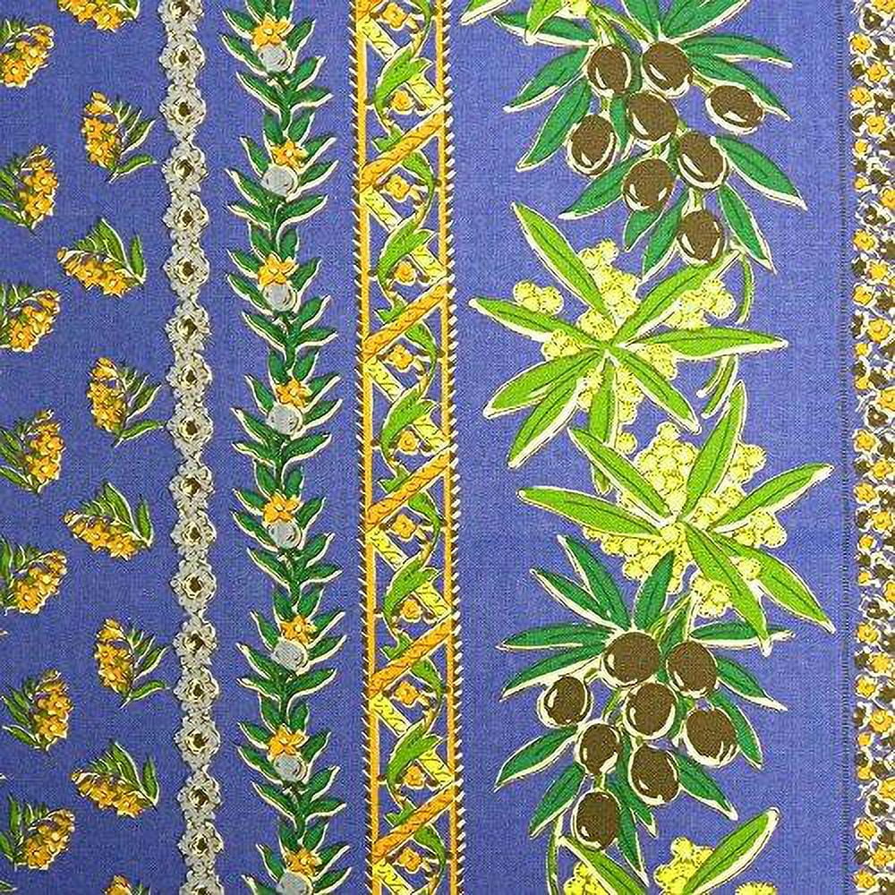 Le Cluny Olives and Mimosas Blue Coated Cotton Tablecloth 60 Inches x84 Inches