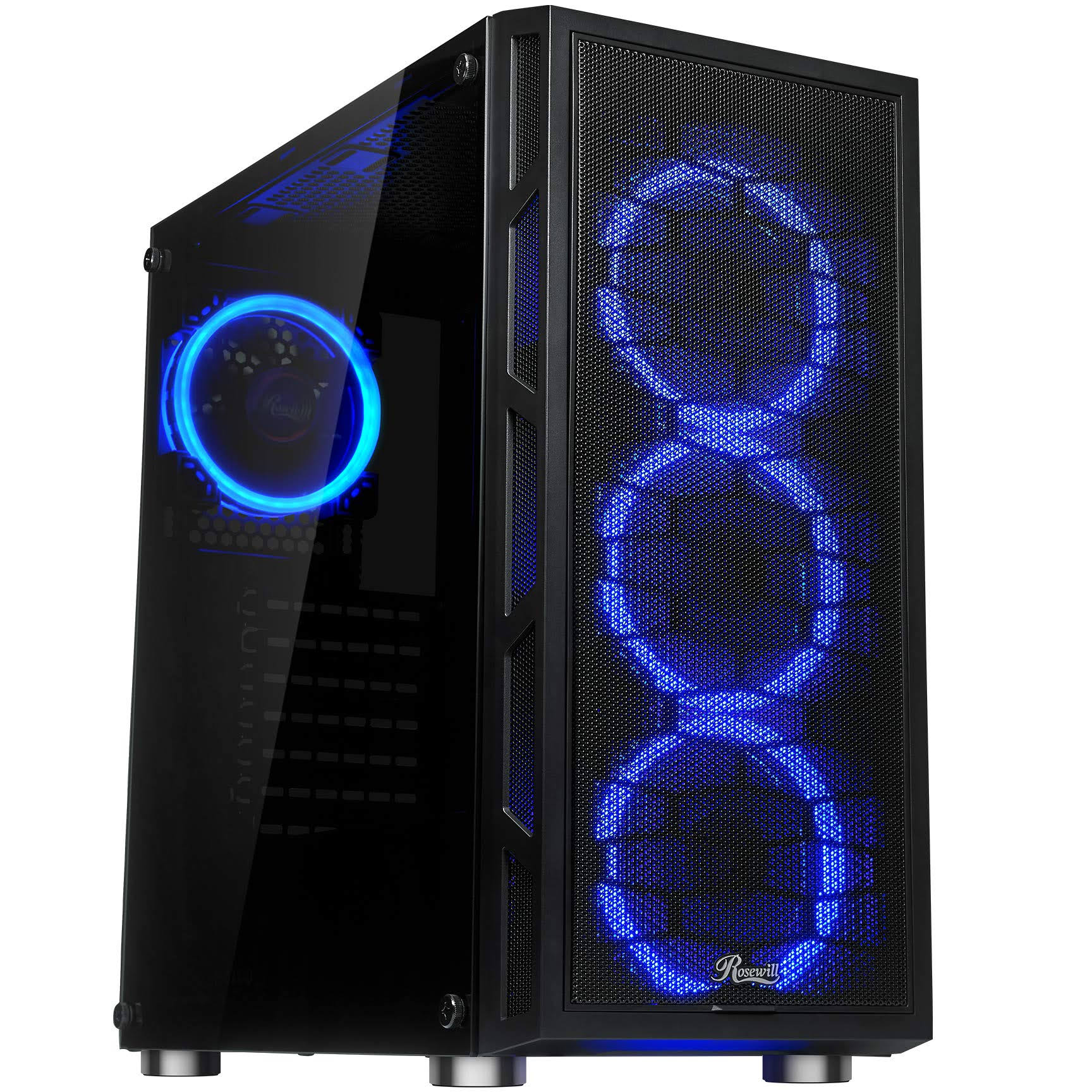 Rosewill ATX Mid Tower Gaming PC Computer Case with Dual Ring Blue LED Fans 360