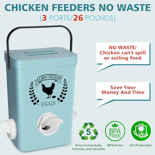 Chicken Feeder and Chicken Waterer Set (3 Gallon/26 Pounds) - Hanging Automatic Chicken Feeder No Waste - Chicken Coop Accessories - Poultry Waterer