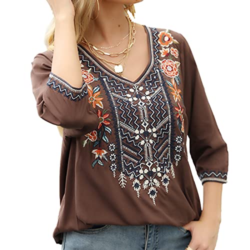 AK Women's Embroidered Tops 3/4 Sleeve Traditional Mexican Shirts for Women V Neck Peasant Tunic Blouses