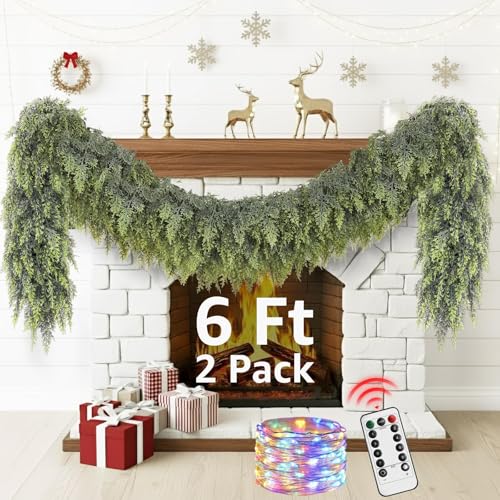 Cedar Christmas Garland with Lights for Mantle - Decorations 9ft Realistic Lighted Faux Pine Garlands for Xmas Home Decoration Indoor Stairs Railing Fireplace Outdoor 9 ft Prelit Garland Door Decor