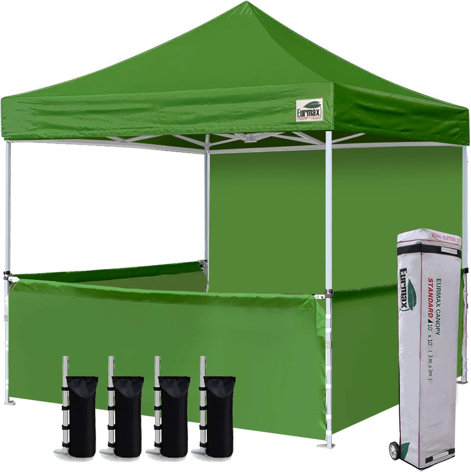 Eurmax USA 10'x10' Ez Pop-up Booth Canopy Tent Commercial Instant Canopies with 1 Full Sidewall & 3 Half Walls and Roller Bag, with 4 SandBags + 3 Cross-Bar (Grey)
