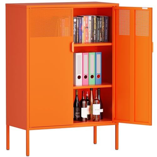 Metal Storage Buffet Sideboard, Adjustable Shelves, Buffet Table, TV Stand, Coffee Bar Cabinet for Kitchen, Living Room (Orange, 47