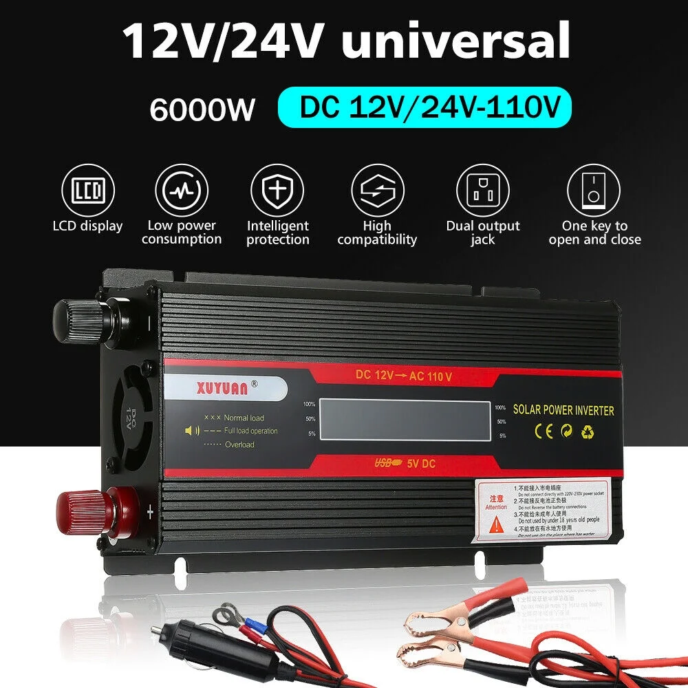 MDHAND 6000W Power Inverter DC 12V to 110V AC 2.4A 1 Smart USB Ports Adapter Car Cigarette Lighter Socket