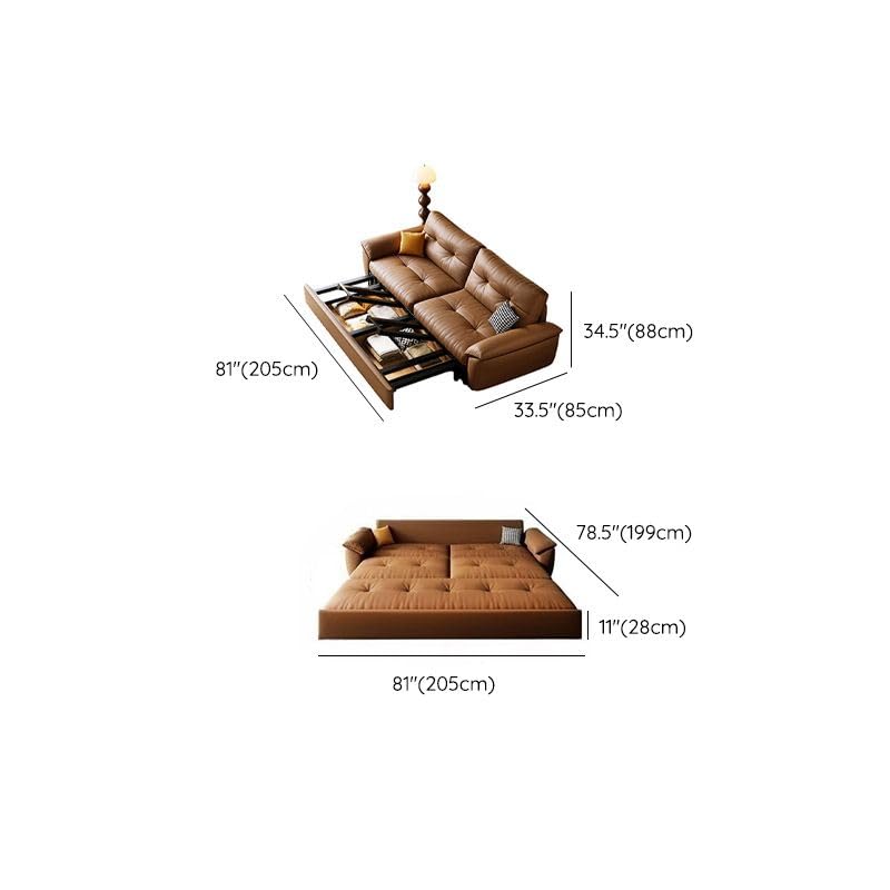 CraftThink Convertible Sleeper Sofa Bed, Modern Brown Genuine Leather Futon Sofa Bed with Tufted Back, Casters, and Pillow Included for Living Room Bedroom, Storage Included 81