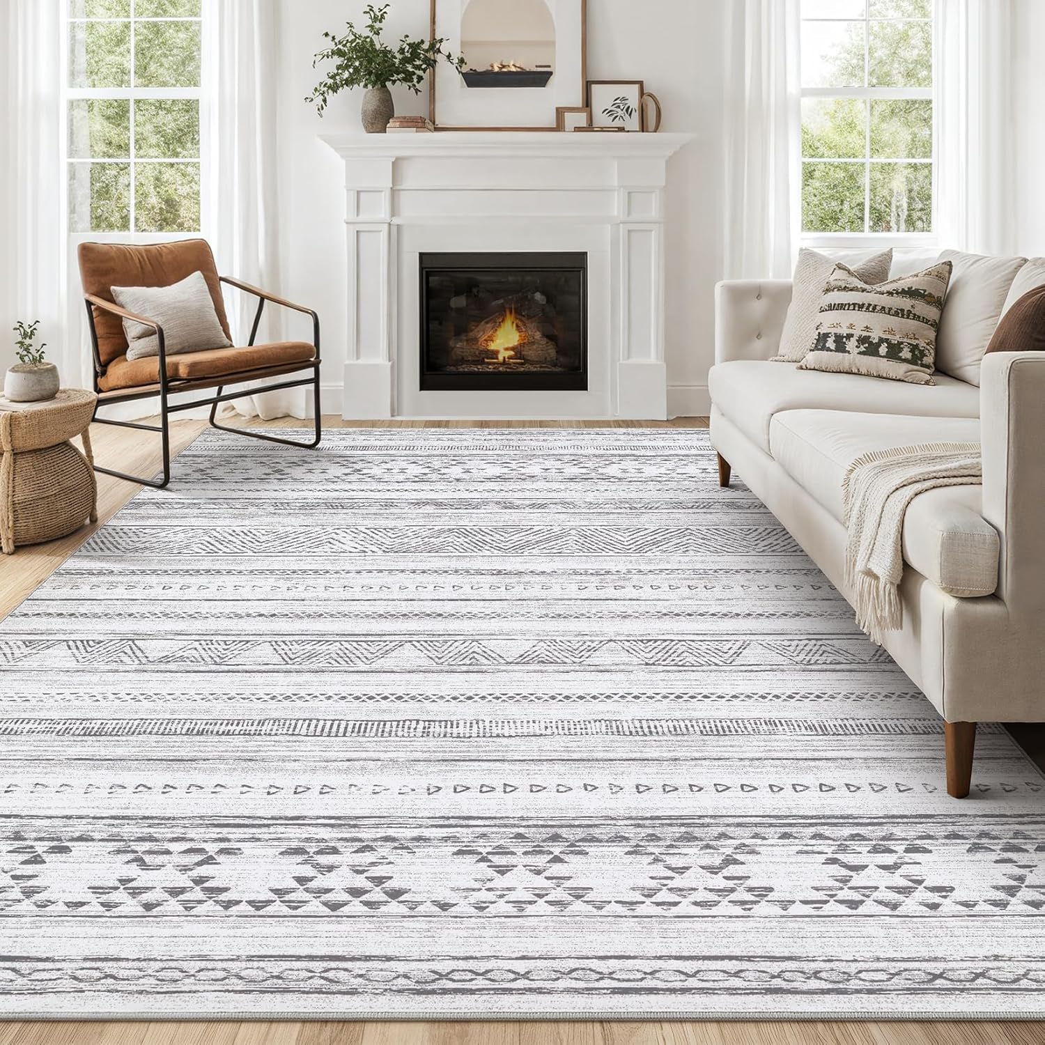 9x12 Area Rugs, Washable Rugs for Living Room, Large Soft Boho Neutral Geometric Moroccan Rug for Bedroom Dining Room, Non Slip Indoor Thin Carpet for Home Office, Cream Grey