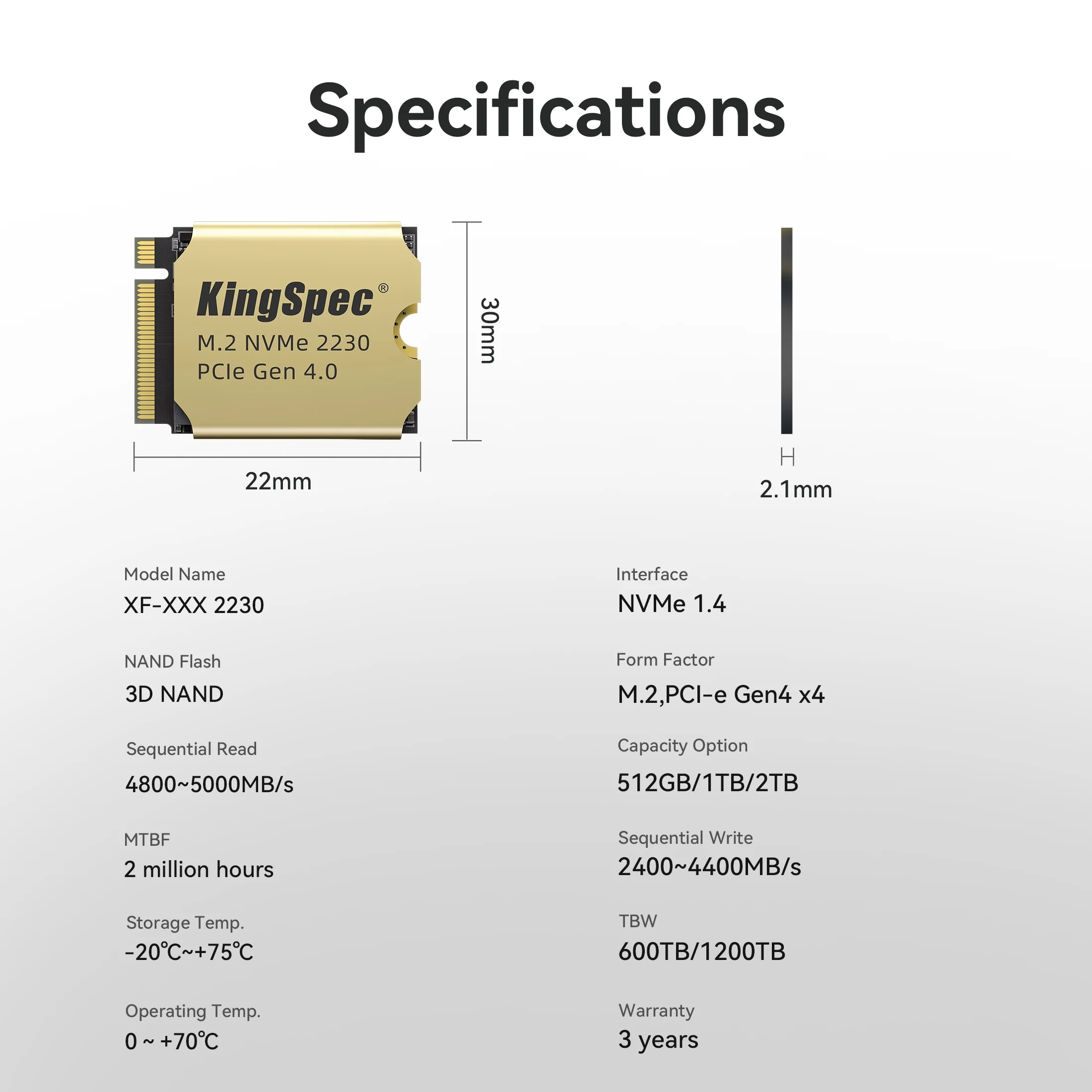 KingSpec XF 512GB M.2 2230 SSD PCIe 4.0, 5000MB/s Read Copper Heatsink, 3D NAND Flash, Compatible with Steam Deck/ASUS ROG Ally/Surface Pro