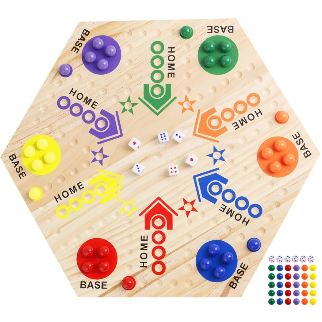 Marble Board Game, Double-Sided Wooden Board Game, Colorful Wahoo Marble Ludo Game Kit for 2-6 players