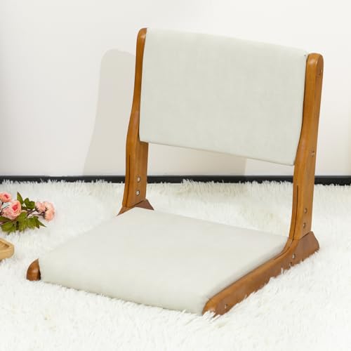 HollyHOME Floor Chair with Back Support, Foldable Japanese Style Floor Chair, Wood Legless Tatami Chair with Cushion, Accent Meditation Floor Seat for Bay Window, Living Room, Bedroom, Beige
