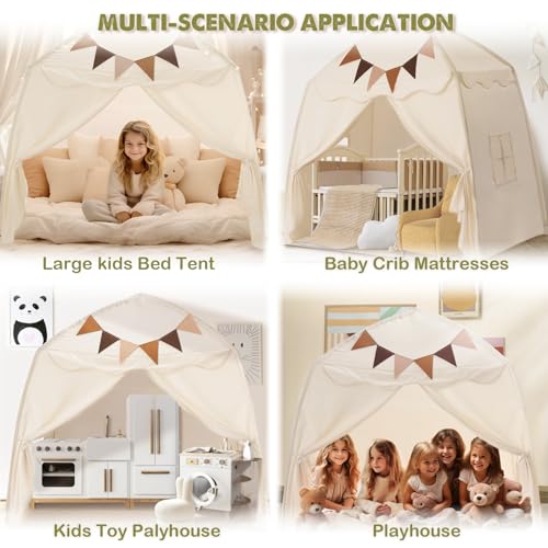 Extra Large Kids Play Tent with Flags & Star Lights, Portable & Foldable Teepee, Boys & Girls, Indoor Outdoor Dome Tent Playhouse, 59x39x59 in, Cream