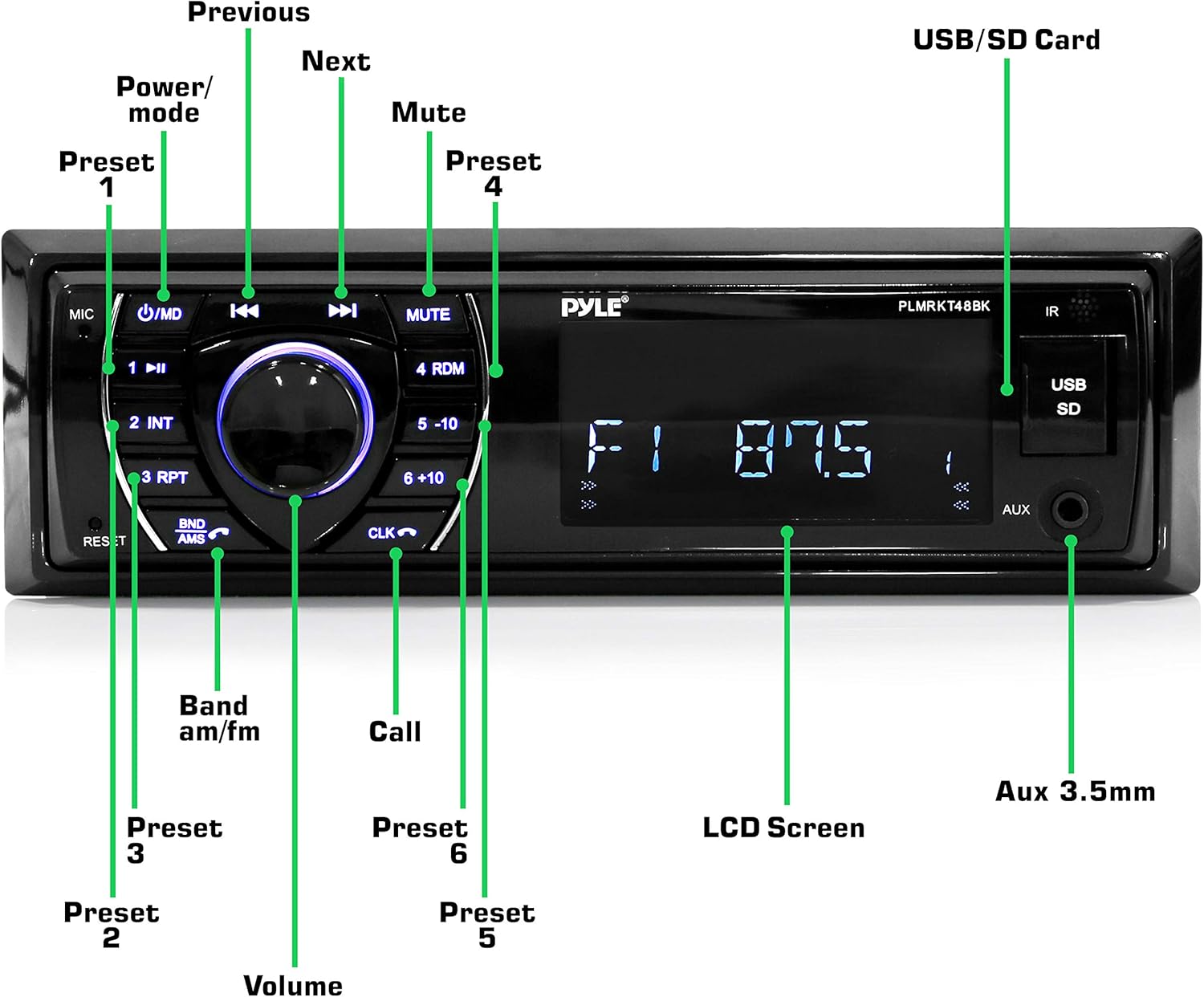 Marine Head Unit Receiver Speaker Kit - In-Dash LCD Digital Stereo Built-in Bluetooth & Microphone w/ AM FM Radio System 6.5’’ Waterproof Speakers (4) MP3/SD Readers & Remote Control - Pyle PLMRKT48BK