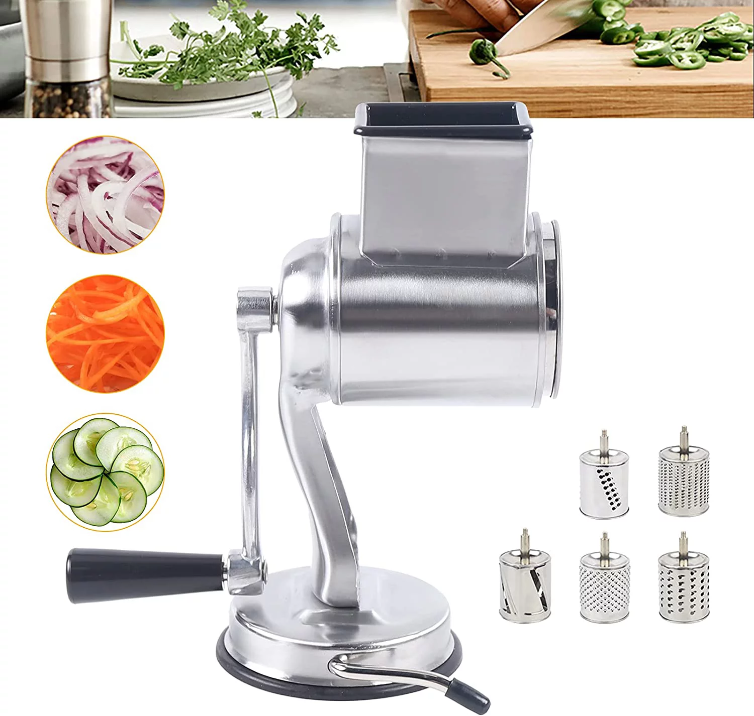 FETCOI Manual Rotary Drum Food Grater Vegetable Shredder Slicer Grinder Set with 5 Blade