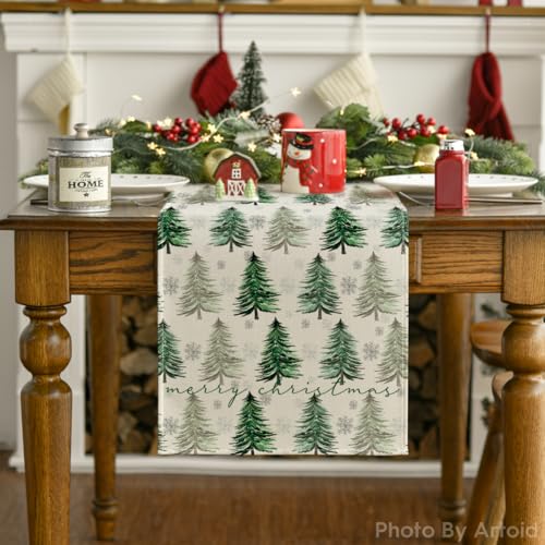 Artoid Mode Xmas Trees Snowflake Christmas Table Runner, Seasonal Winter Green Kitchen Dining Table Decoration for Home Party Decor 13x72 Inch